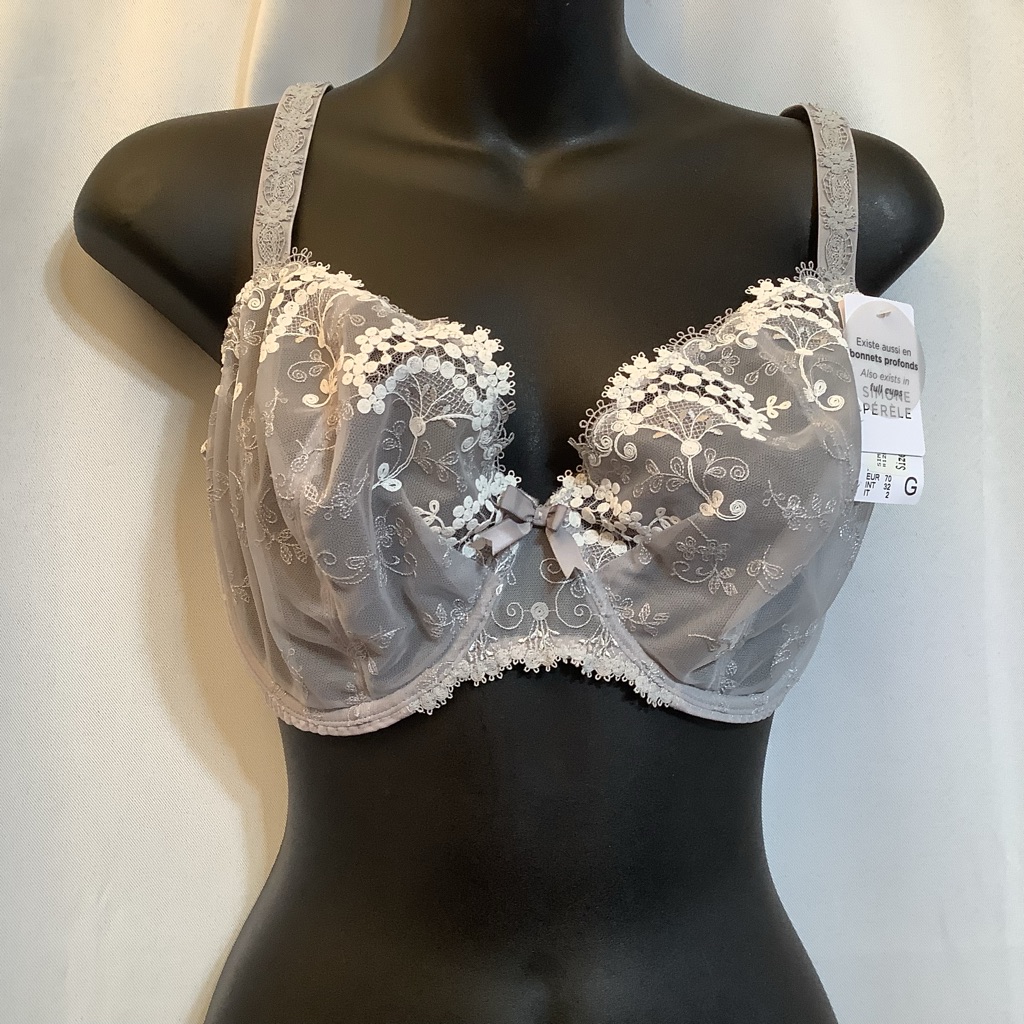 Simone Perele Bra Women’s Size 32g Half Cup Embroidered Floral Grey White